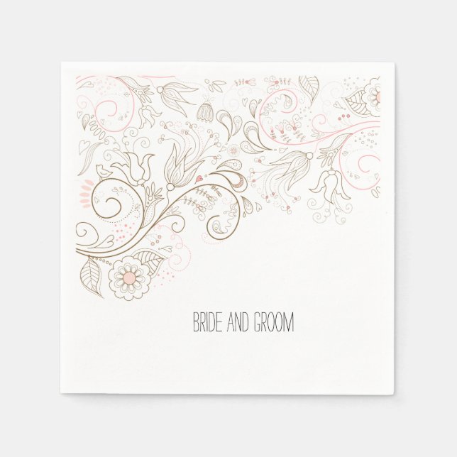 Blush Pink Brown Floral Romantic Wedding Paper Napkins (Front)