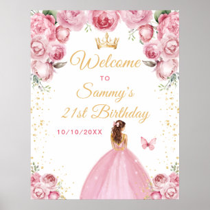 Blush Pink Brown Hair Princess Birthday Welcome Poster