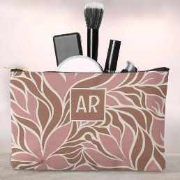 Blush Pink &amp; Brown Modern Floral Pattern Monogram Accessory Pouch