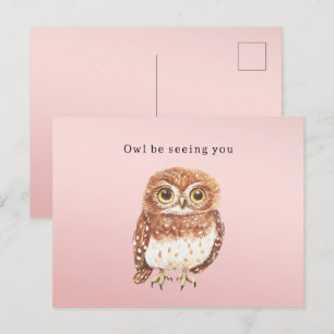 Blush Pink Brown Owl I'll Be Seeing You Postcard