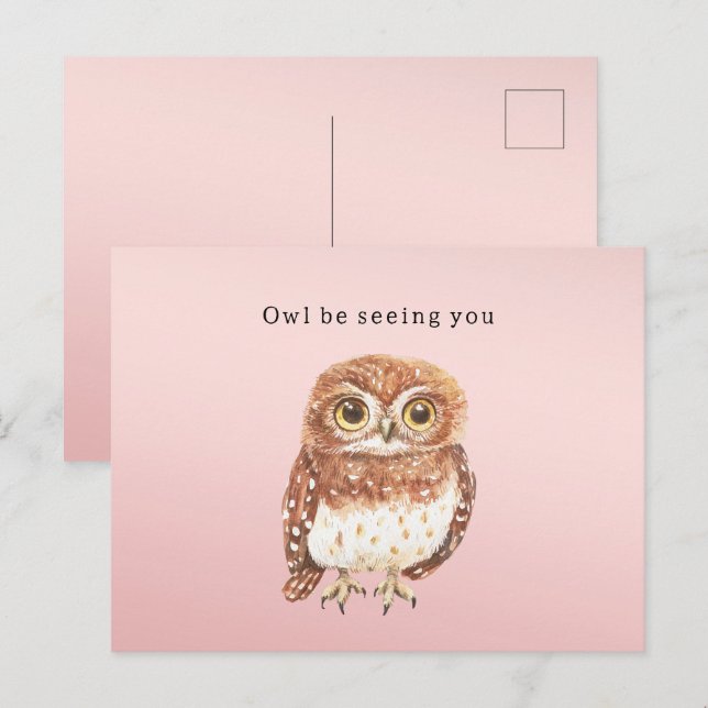 Blush Pink Brown Owl I'll Be Seeing You Postcard (Front/Back)