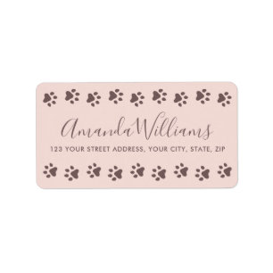 Blush pink brown paw print border return address label