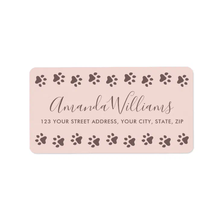 Blush pink brown paw print border return address label | Zazzle