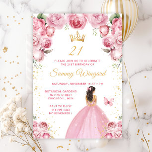 Blush Pink Brunette Hair Princess Birthday Party Invitation