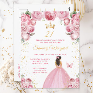 Blush Pink Brunette Hair Princess Birthday Party Postcard