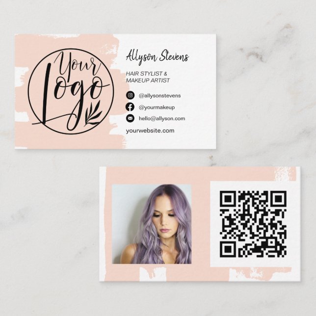 Blush pink brush hair makeup photo logo qr code business card (Front/Back)