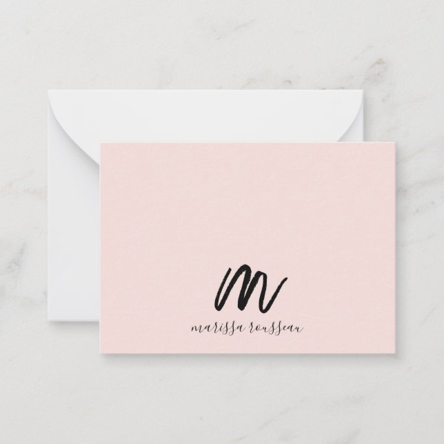 Blush Pink Brush Painted Monogram Script Name Note Card (Front)