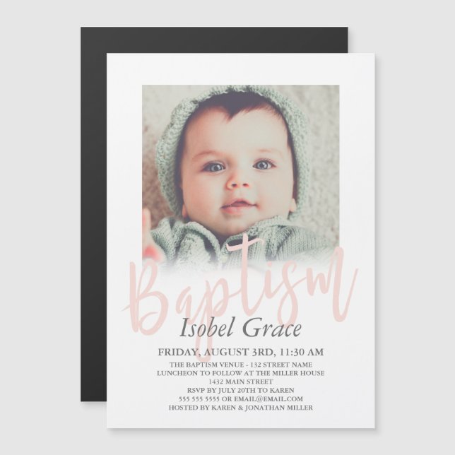 Blush Pink Brush Script Photo Baptism Magnetic Invitation (Front/Back)