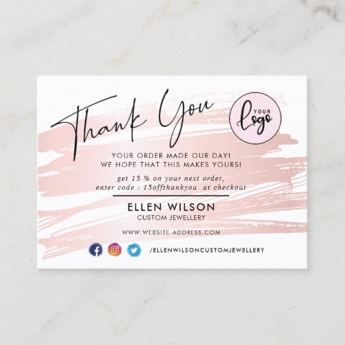 Blush Pink Brush Stroke Business Order Thank You  Business Card