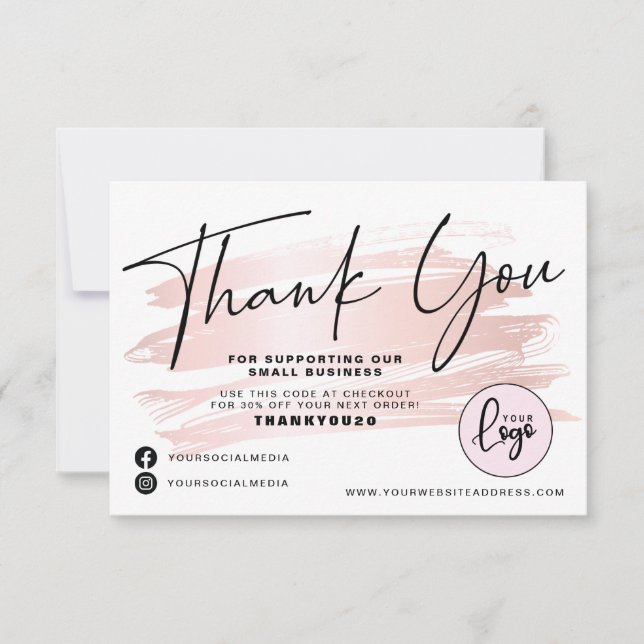 Blush Pink Brush Stroke Business Order  Thank You Card (Front)