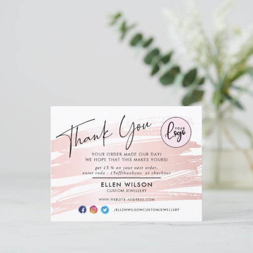 Blush Pink Brush Stroke Business Order Thank You Postcard | Zazzle