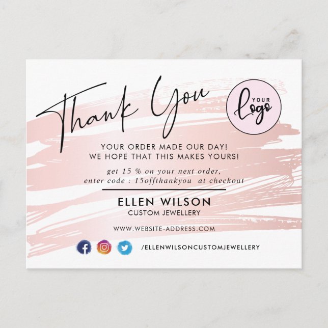 Blush Pink Brush Stroke Business Order  Thank You Postcard (Front)