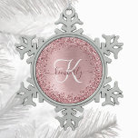 Blush Pink Brushed Metal Glitter Monogram Name<br><div class="desc">Easily personalize this trendy chic snowflake framed Christmas ornament design featuring pretty silver sparkling faux glitter on a rose gold brushed metallic background.</div>