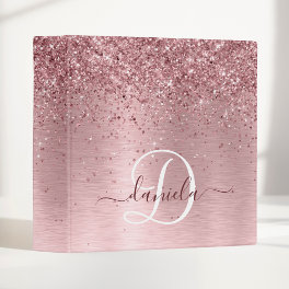 Blush Pink Brushed Metal Glitter Monogram Name 3 Ring Binder