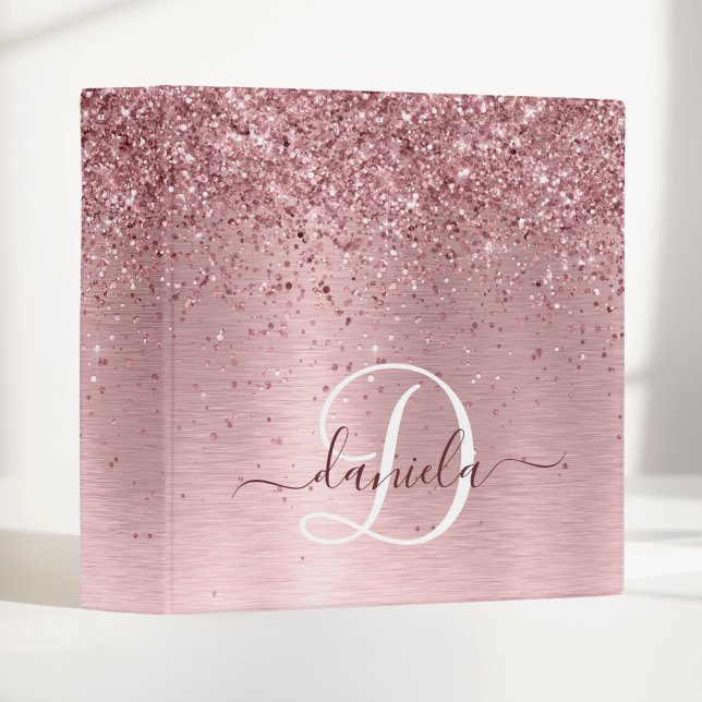Blush Pink Brushed Metal Glitter Monogram Name 3 Ring Binder (Creator Uploaded)