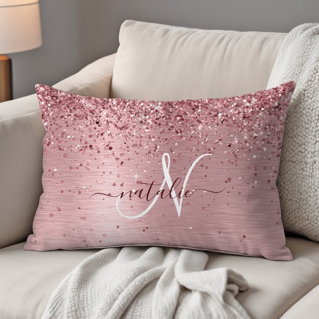 Blush Pink Brushed Metal Glitter Monogram Name Accent Pillow (Creator Uploaded)