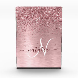 Blush Pink Brushed Metal Glitter Monogram Name Acrylic Award