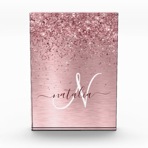 Blush Pink Brushed Metal Glitter Monogram Name Acrylic Award