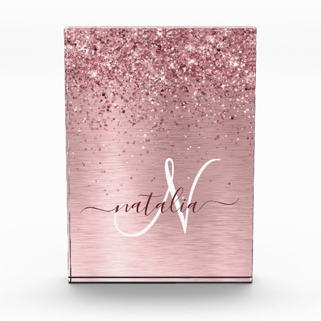 Blush Pink Brushed Metal Glitter Monogram Name Acrylic Award (Front)