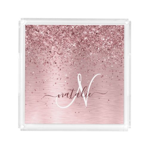 Blush Pink Brushed Metal Glitter Monogram Name Acrylic Tray