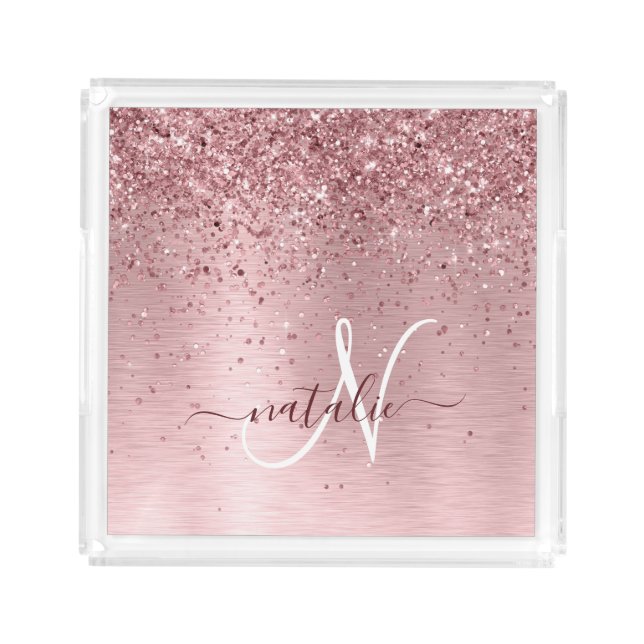 Blush Pink Brushed Metal Glitter Monogram Name Acrylic Tray (Front)