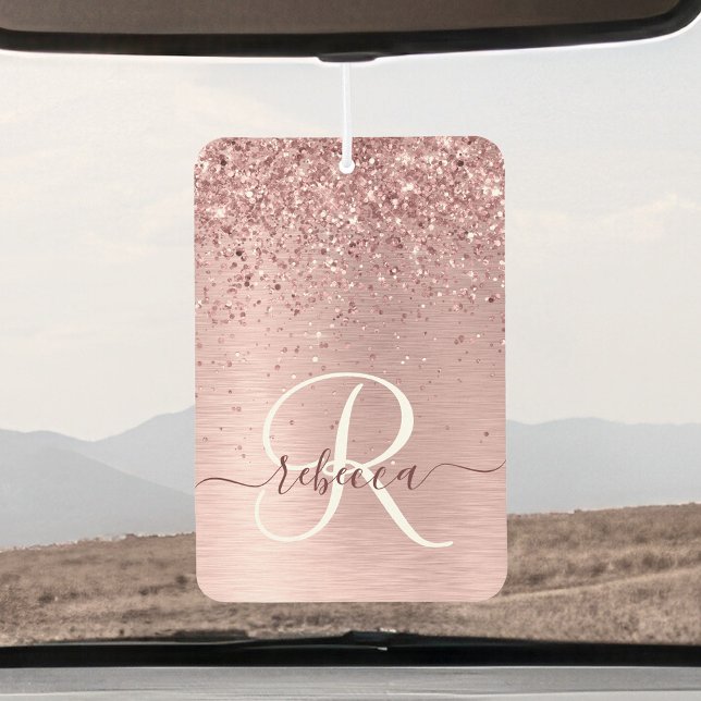 Blush Pink Brushed Metal Glitter Monogram Name Air Freshener (Creator Uploaded)