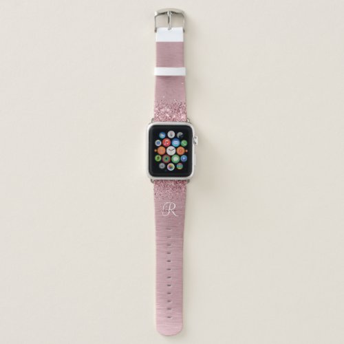 Blush Pink Brushed Metal Glitter Monogram Name Apple Watch Band