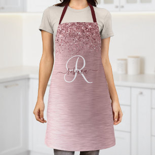Blush Pink Brushed Metal Glitter Monogram Name Apron