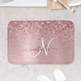 Blush Pink Brushed Metal Glitter Monogram Name Bath Mat