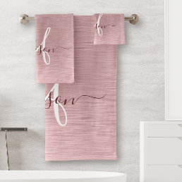 Blush Pink Brushed Metal Glitter Monogram Name Bath Towel Set