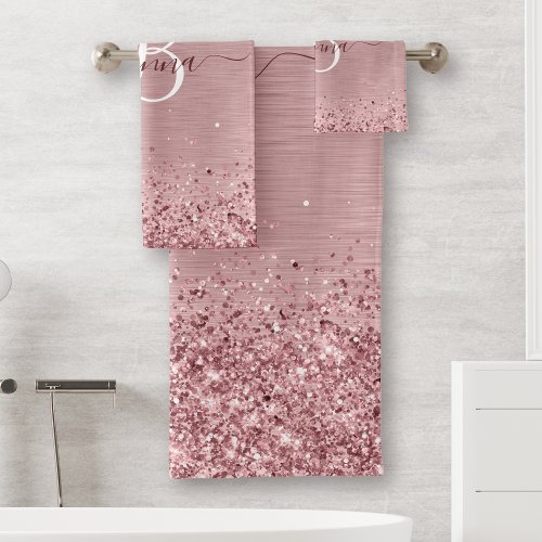 Blush Pink Brushed Metal Glitter Monogram Name Bath Towel Set