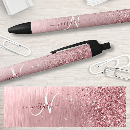 Blush Pink Brushed Metal Glitter Monogram Name Black Ink Pen