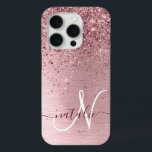 Blush Pink Brushed Metal Glitter Monogram Name iPhone 15 Pro Case<br><div class="desc">Easily personalize this trendy chic phone case design featuring pretty blush pink sparkling glitter on a blush pink brushed metallic background.</div>