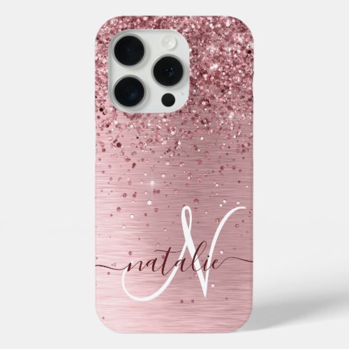 Blush Pink Brushed Metal Glitter Monogram Name iPhone 15 Pro Case