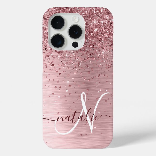 Blush Pink Brushed Metal Glitter Monogram Name Case-Mate iPhone Case (Back)