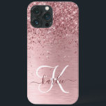 Blush Pink Brushed Metal Glitter Monogram Name iPhone 13 Pro Max Case<br><div class="desc">Easily personalize this trendy chic phone case design featuring pretty blush pink sparkling glitter on a blush pink brushed metallic background.</div>