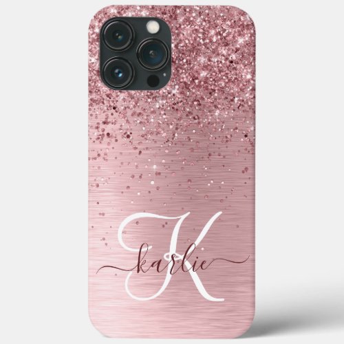 Blush Pink Brushed Metal Glitter Monogram Name iPhone 13 Pro Max Case