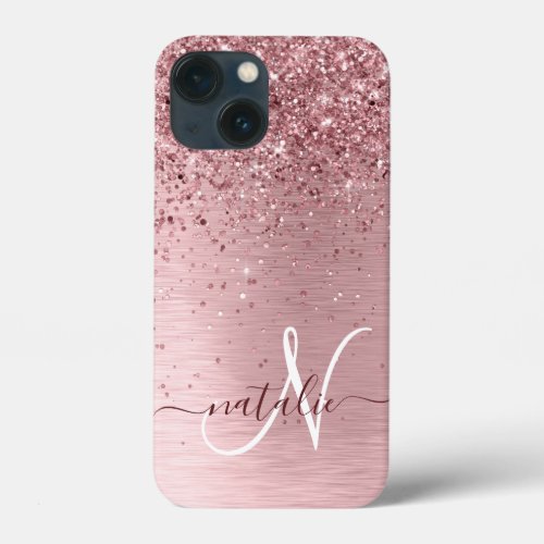 Blush Pink Brushed Metal Glitter Monogram Name iPhone 13 Mini Case