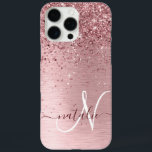 Blush Pink Brushed Metal Glitter Monogram Name iPhone 16 Pro Max Case<br><div class="desc">Easily personalize this trendy chic phone case design featuring pretty blush pink sparkling glitter on a blush pink brushed metallic background.</div>