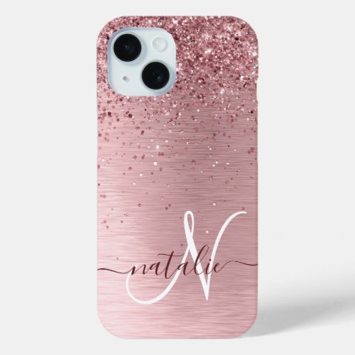 Blush Pink Brushed Metal Glitter Monogram Name iPhone 15 Case