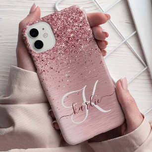 Girly Pink Glitter Blush Monogram Name Phone Case, Custom Name