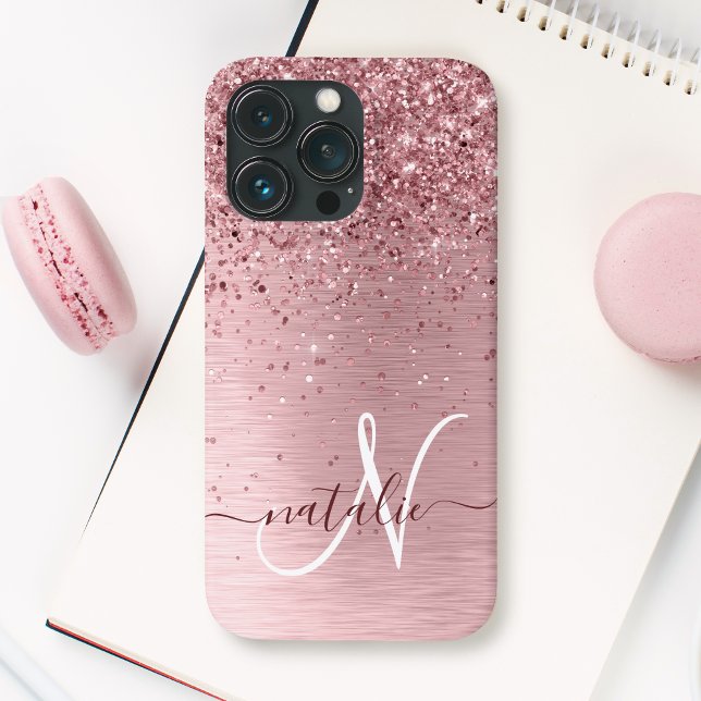 Blush Pink Brushed Metal Glitter Monogram Name Case-Mate iPhone Case (Creator Uploaded)