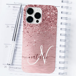 Blush Pink Brushed Metal Glitter Monogram Name Case-Mate iPhone 14 Pro Max Case