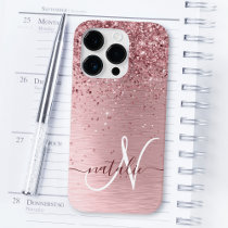 Blush Pink Brushed Metal Glitter Monogram Name Case-Mate iPhone 14 Pro Case