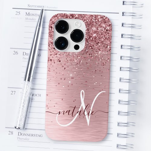 Blush Pink Brushed Metal Glitter Monogram Name Case_Mate iPhone 14 Pro Case