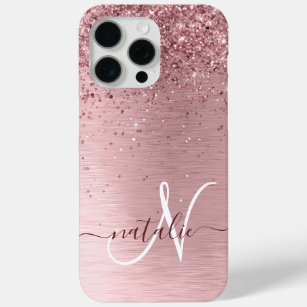 Blush Pink Brushed Metal Glitter Monogram Name iPhone 15 Pro Max Case