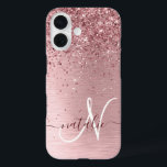 Blush Pink Brushed Metal Glitter Monogram Name iPhone 16 Case<br><div class="desc">Easily personalize this trendy chic phone case design featuring pretty blush pink sparkling glitter on a blush pink brushed metallic background.</div>