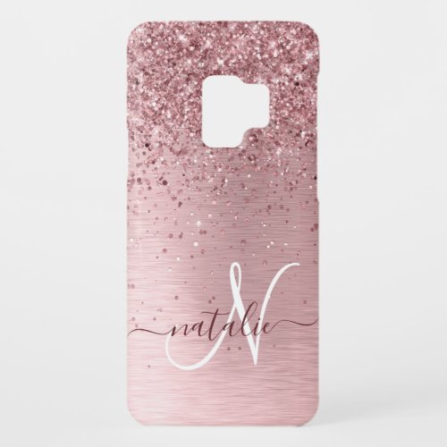 Blush Pink Brushed Metal Glitter Monogram Name Case_Mate Samsung Galaxy S9 Case