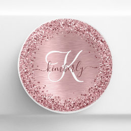 Blush Pink Brushed Metal Glitter Monogram Name Ceramic Knob