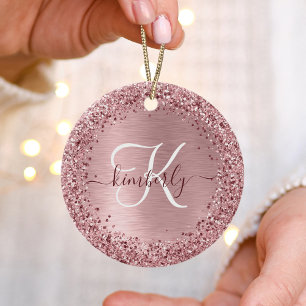 Blush Pink Brushed Metal Glitter Monogram Name Ceramic Ornament
